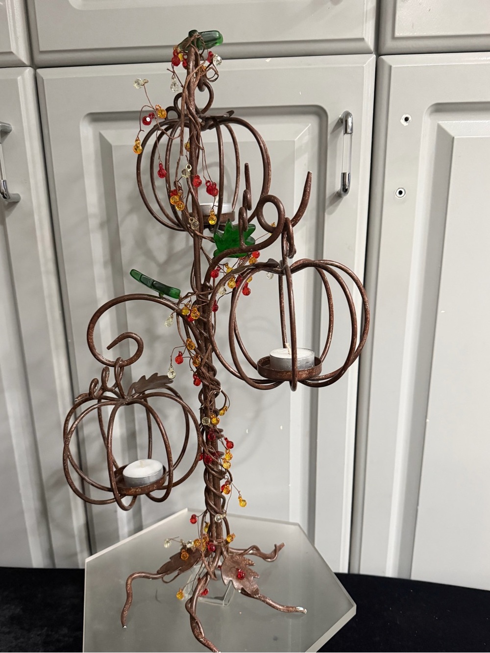 Pottery Barn Rustic Metal Bronze Brown Twig Branch 3 Pumpkins Tealight Holder